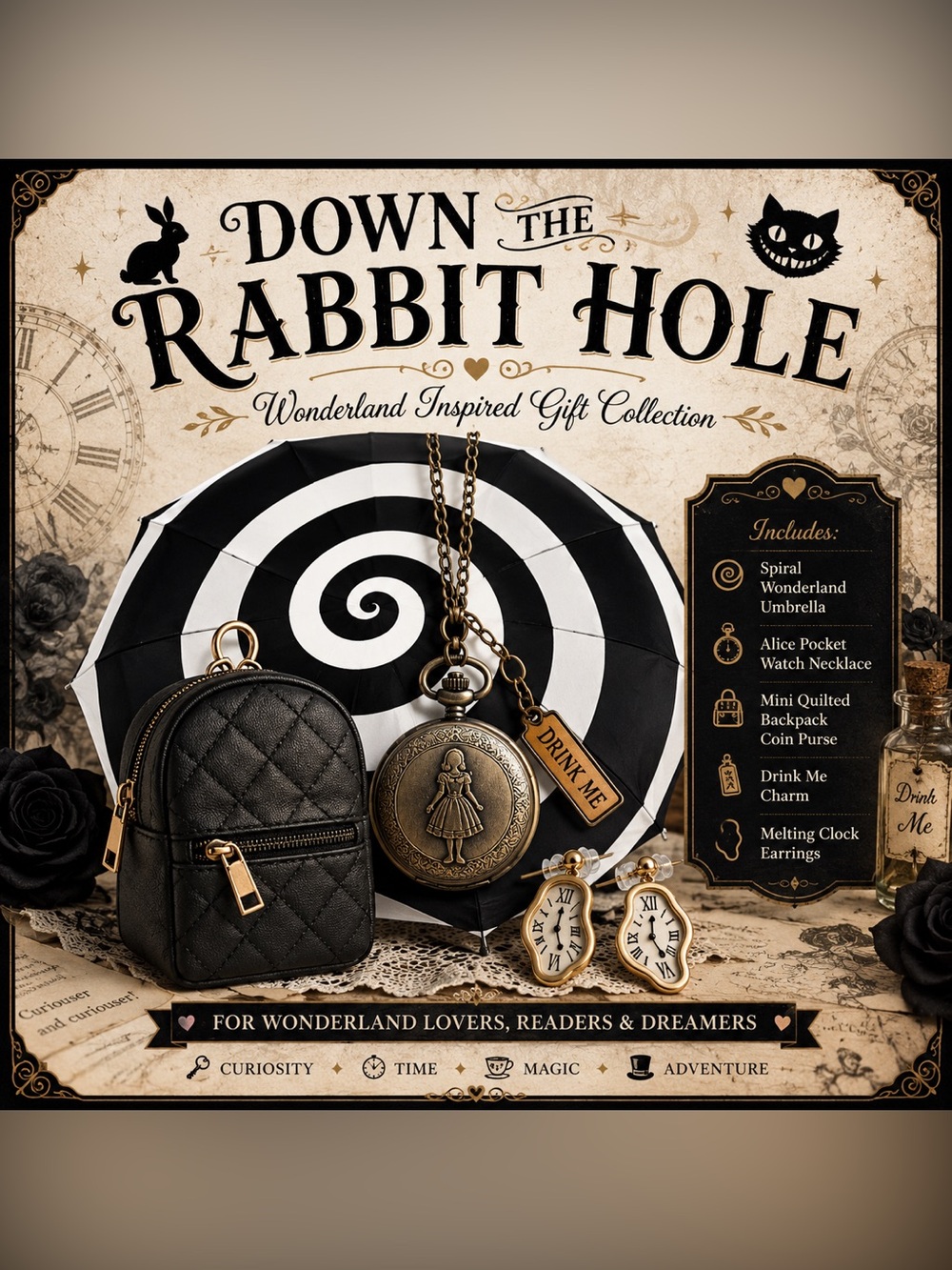 Down The Rabbit Hole Wonderland-Inspired Black Mini Quilted Backpack Purse